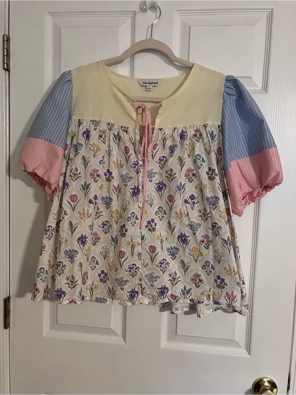 DAVI & DANI Cream Floral Peasant Top with Blue and Pink Puff Sleeves